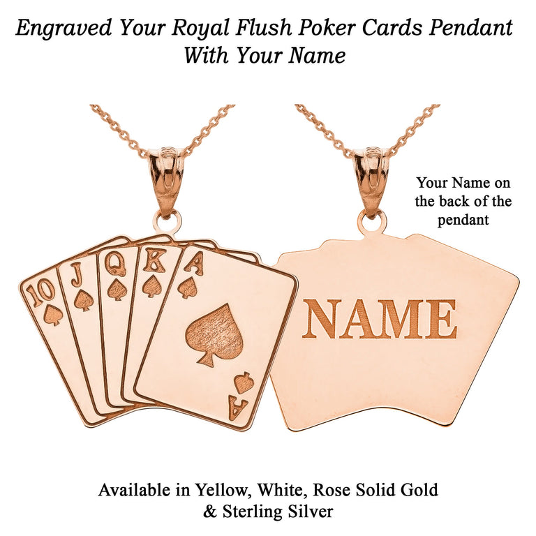 Royal flush A, K, Q, J, 10 Lucky Poker Cards Hand Engravable With Your NAME in Solid Yellow, White and Rose Gold