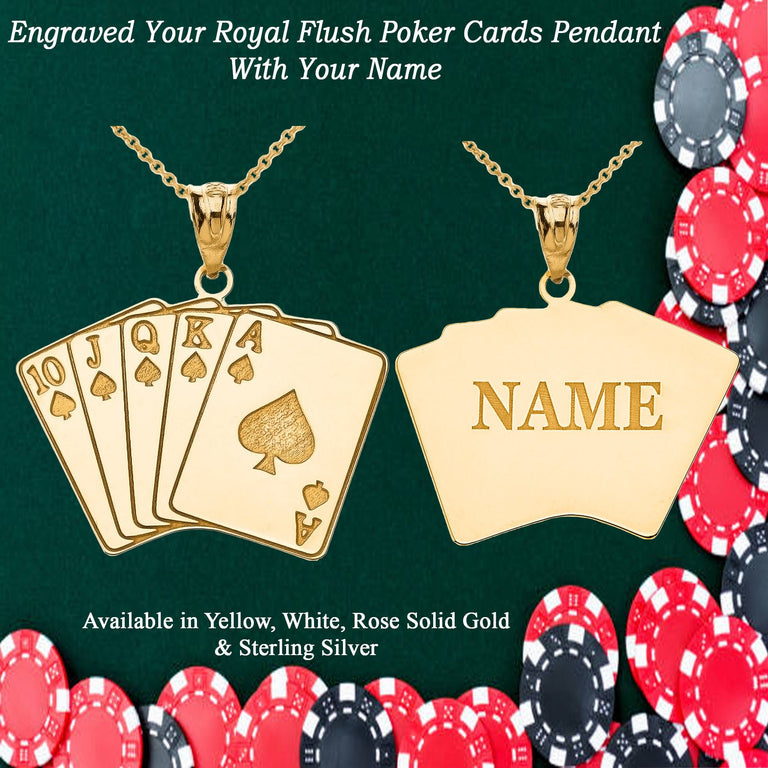 Royal flush A, K, Q, J, 10 Lucky Poker Cards Hand Engravable With Your NAME in Solid Yellow, White and Rose Gold