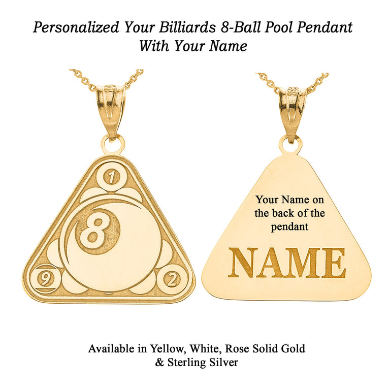 Personalized Engravable Billiards 8-Ball Pool Sports Pendant With Your NAME in Solid Yellow, White and Rose Gold