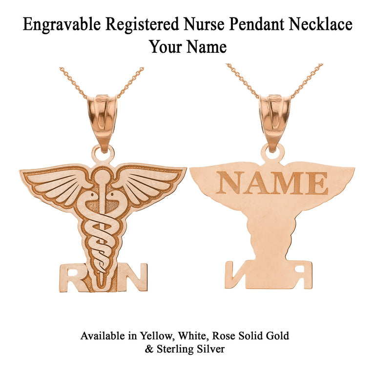 Personalized Engravable Registered Nurse Caduceus Angel Pendant Necklace With Your NAME in Solid Solid Yellow, White and Rose Gold