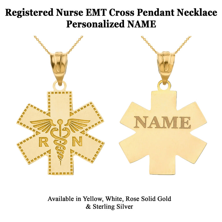 Personalized Engravable Registered Nurse RN Cross Pendant Necklace With Your NAME in Solid Yellow, White and Rose Gold