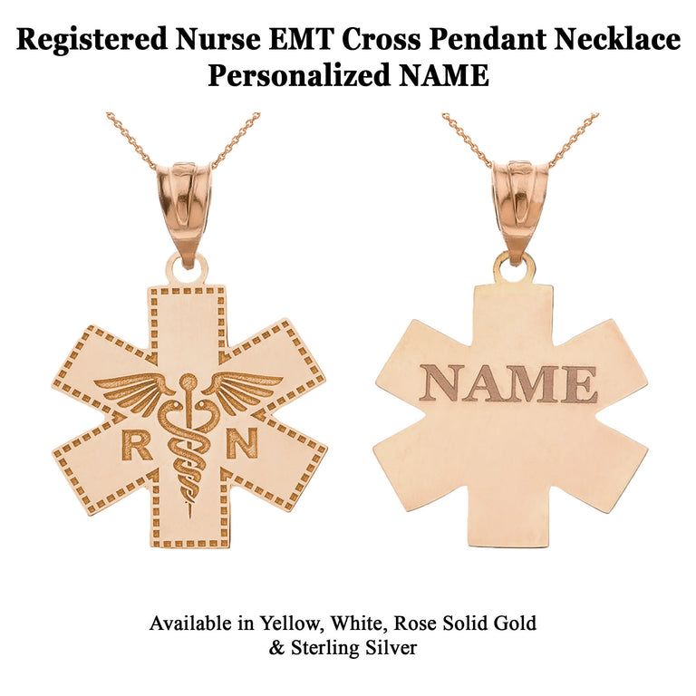 Personalized Engravable Registered Nurse RN Cross Pendant Necklace With Your NAME in Solid Yellow, White and Rose Gold