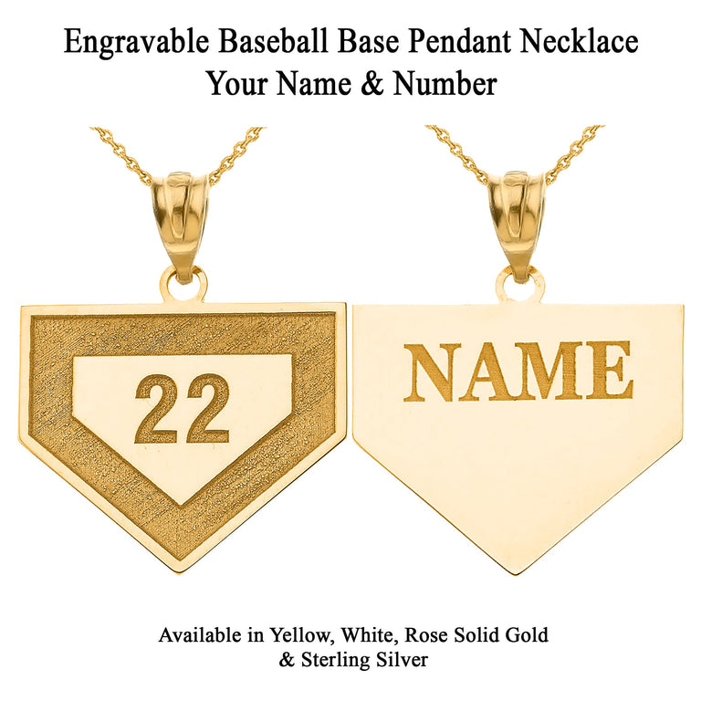 Engravable Personalized Baseball Base Pendant Necklace With Name & Number in Solid Yellow, White and Rose Gold