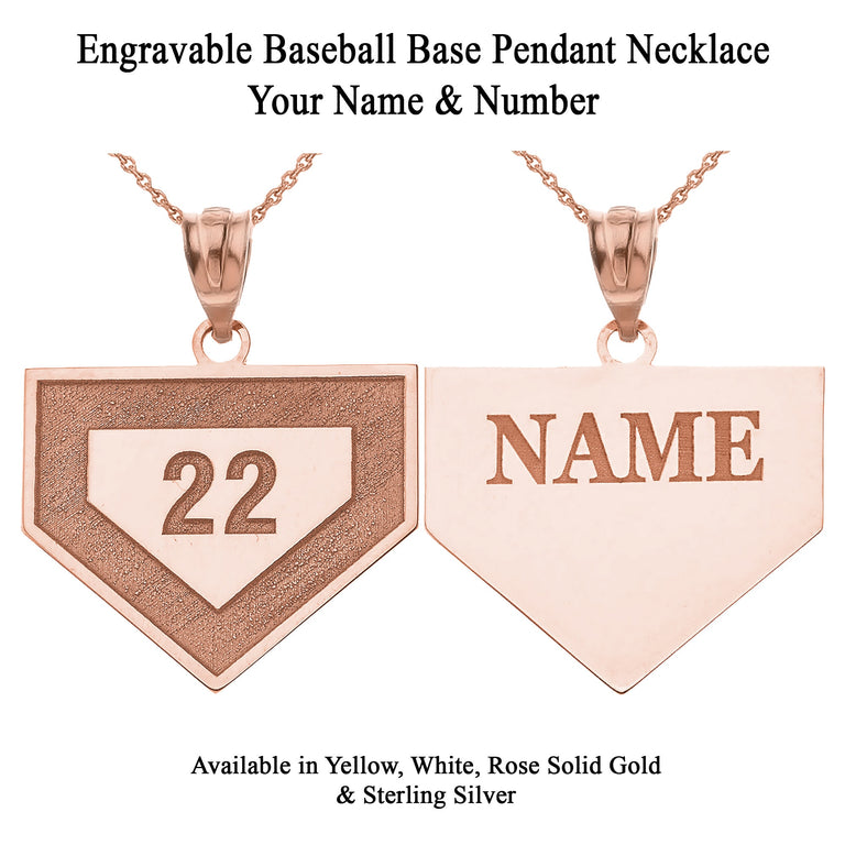 Engravable Personalized Baseball Base Pendant Necklace With Name & Number in Solid Yellow, White and Rose Gold