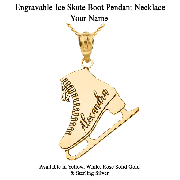 Personalized Engravable Ice Skating Skate Boot Pendant Necklace With Your Name in Solid Yellow, White and Rose Gold