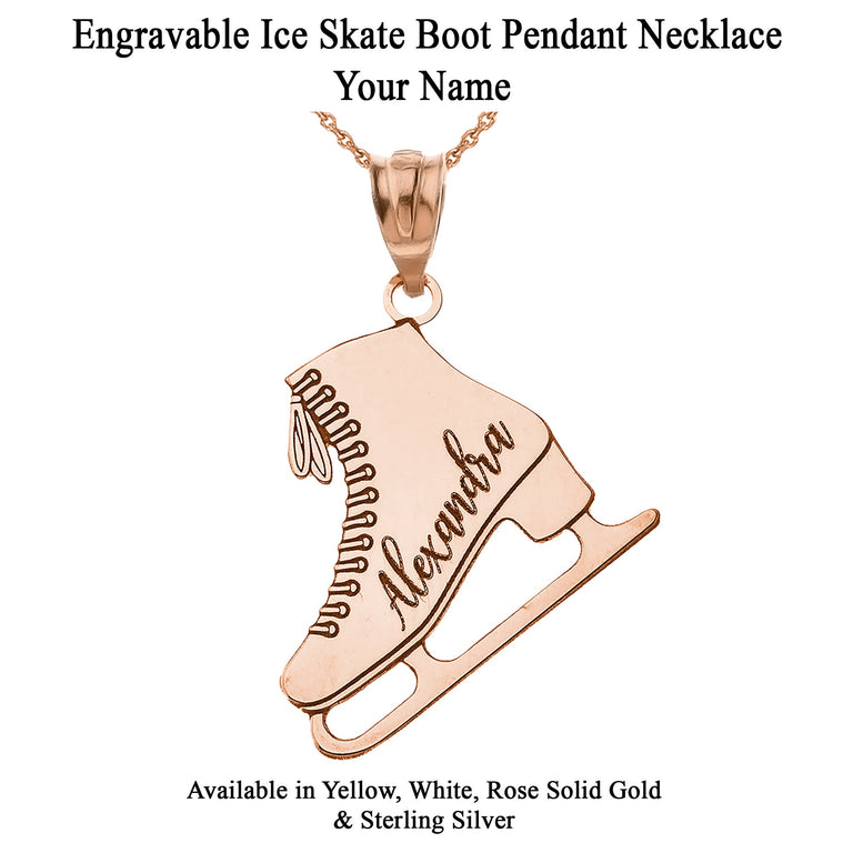 Personalized Engravable Ice Skating Skate Boot Pendant Necklace With Your Name in Solid Yellow, White and Rose Gold