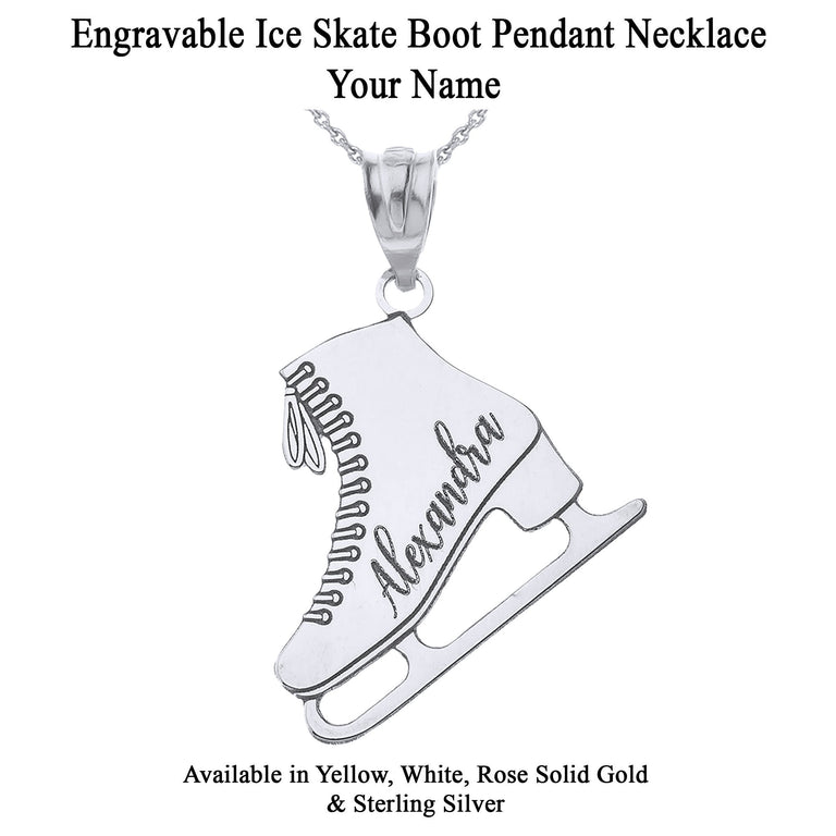 Personalized Engravable Ice Skating Skate Boot Pendant Necklace With Your Name in Solid Yellow, White and Rose Gold