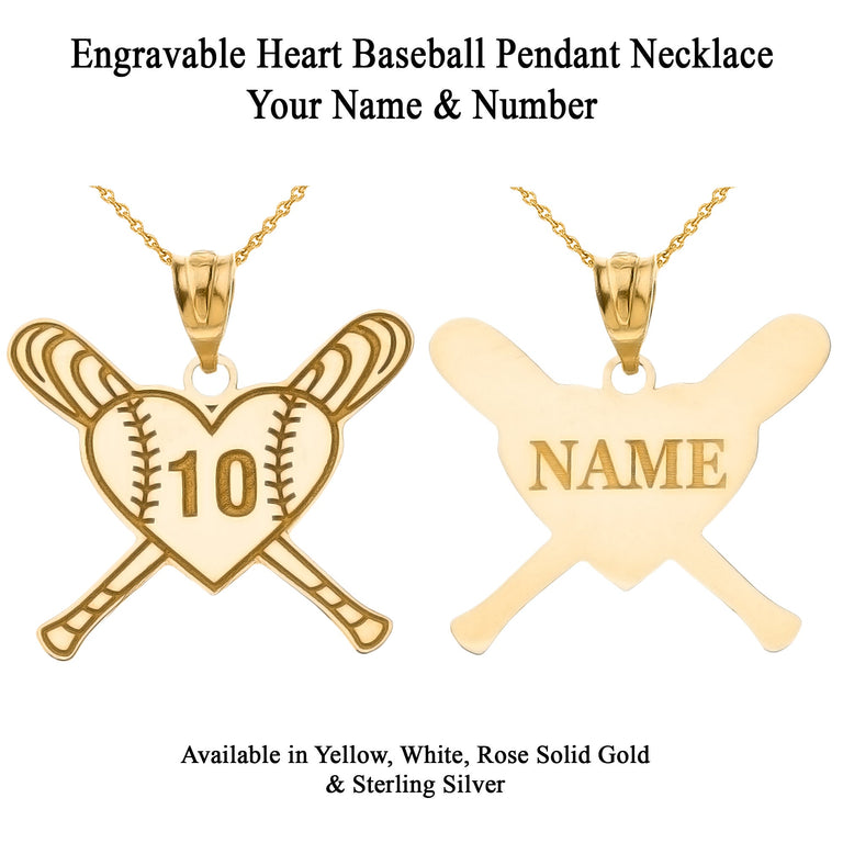 Personalized Engravable Baseball Love Heart Shaped Pendant Necklace With Your NAME in Solid Yellow, White and Rose Gold