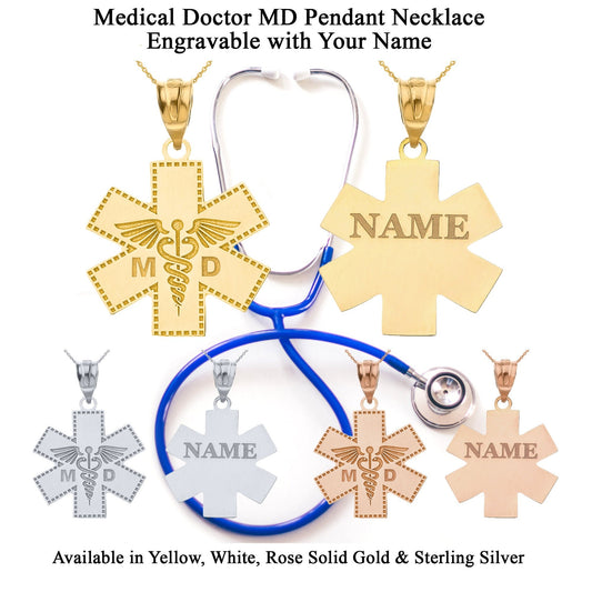 Personalized Engravable NAME Medical Doctor MD Cross Nurse Hospital Pendant Necklace in Solid Yellow, White and Rose Gold