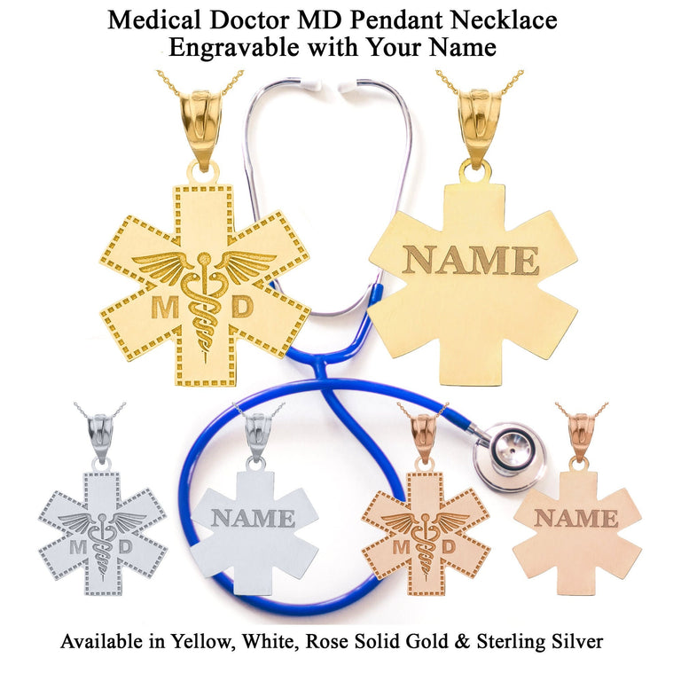 Personalized Engravable NAME Medical Doctor MD Cross Nurse Hospital Pendant Necklace in Solid Yellow, White and Rose Gold