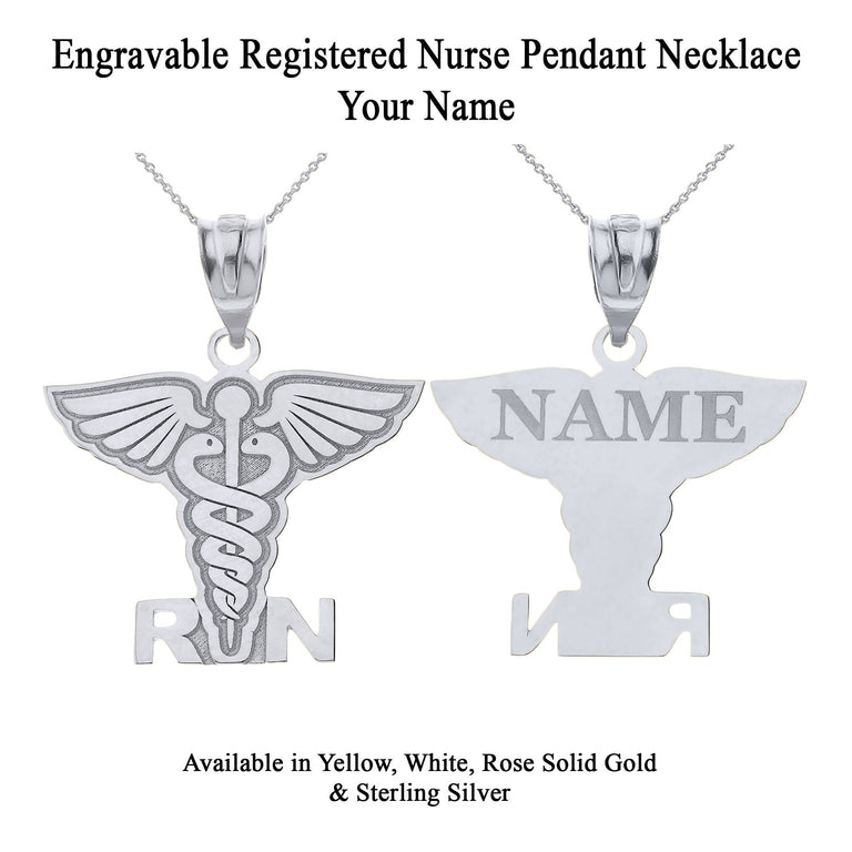 Personalized Engravable Registered Nurse Caduceus Angel Pendant Necklace With Your NAME in Solid Solid Yellow, White and Rose Gold
