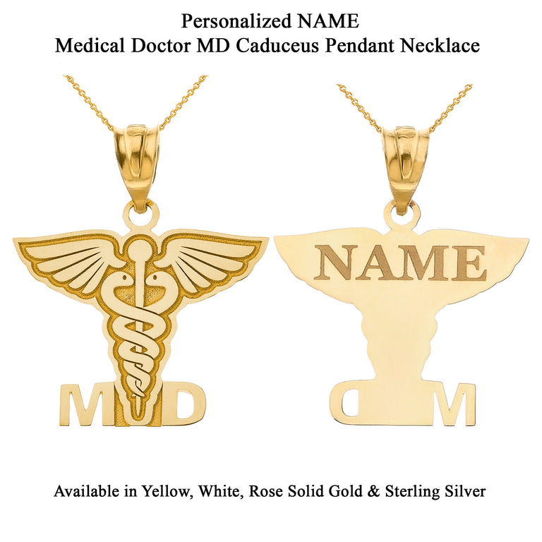 Personalized Engravable Medical Doctor MD Pendant Necklace With Your NAME in Solid Yellow, White and Rose Gold