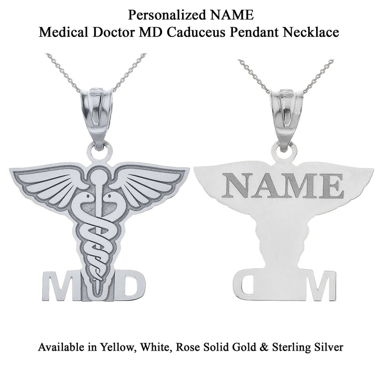 Personalized Engravable Medical Doctor MD Pendant Necklace With Your NAME in Solid Yellow, White and Rose Gold
