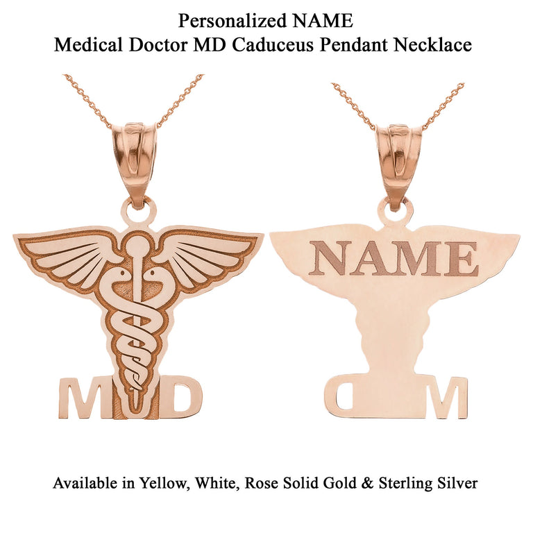 Personalized Engravable Medical Doctor MD Pendant Necklace With Your NAME in Solid Yellow, White and Rose Gold