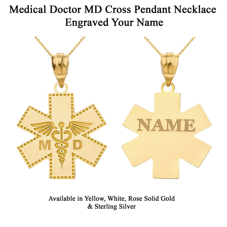 Personalized Engravable NAME Medical Doctor MD Cross Nurse Hospital Pendant Necklace in Solid Yellow, White and Rose Gold