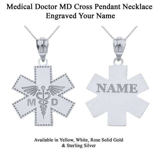 Personalized Engravable NAME Medical Doctor MD Cross Nurse Hospital Pendant Necklace in Solid .925 Sterling Silver