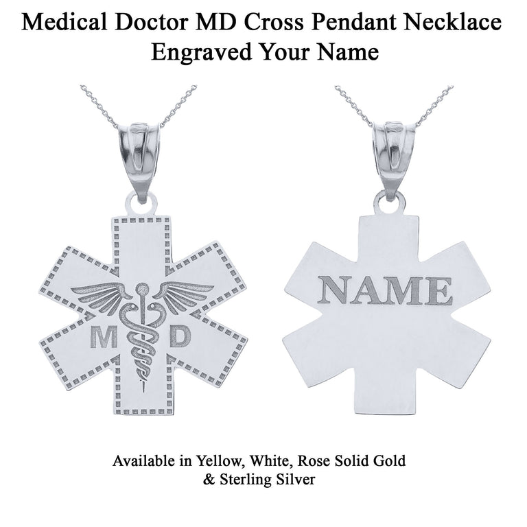 Personalized Engravable NAME Medical Doctor MD Cross Nurse Hospital Pendant Necklace in Solid Yellow, White and Rose Gold