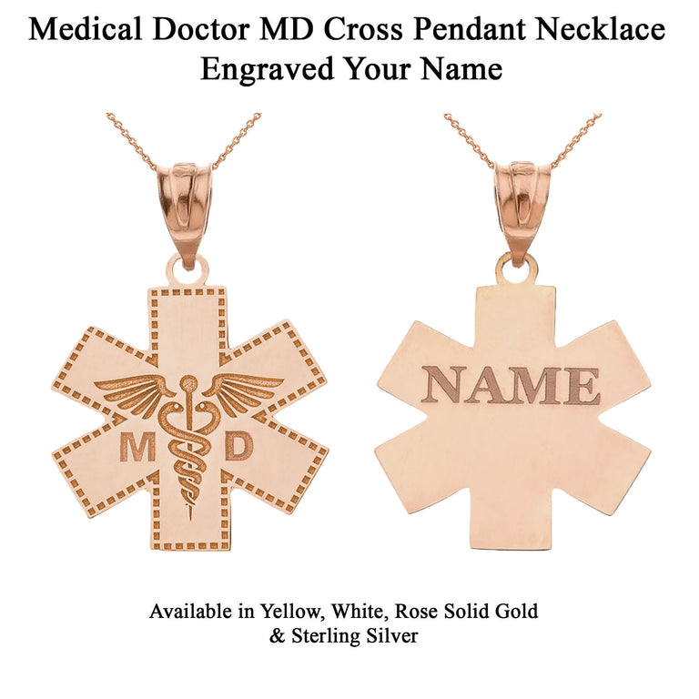Personalized Engravable NAME Medical Doctor MD Cross Nurse Hospital Pendant Necklace in Solid Yellow, White and Rose Gold