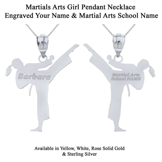 Personalized Your NAME & Martial Arts School NAME Front/Back Karate Girl Pendant in Solid .925 Sterling Silver