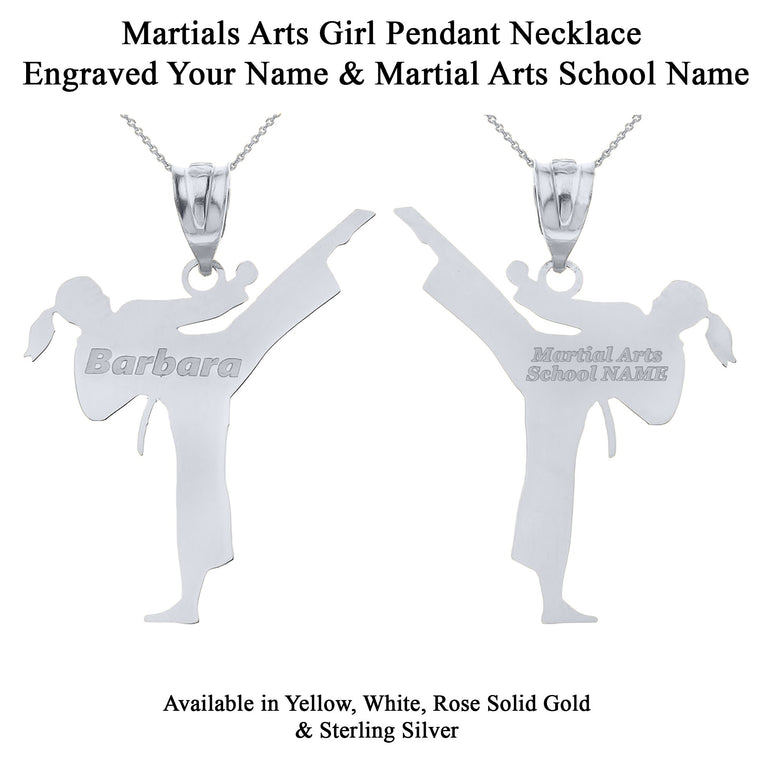 Personalized Your NAME & Martial Arts School NAME Front/Back Karate Girl Pendant in Solid Yellow, White and Rose Gold