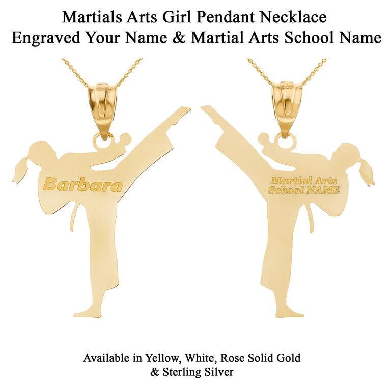 Personalized Your NAME & Martial Arts School NAME Front/Back Karate Girl Pendant in Solid Yellow, White and Rose Gold