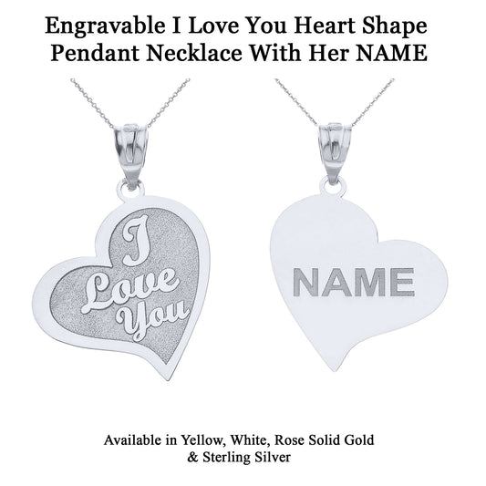 Personalized Engravable Reversible I Love You Heart Shape With Her His NAME Pendant in Solid .925 Sterling Silver