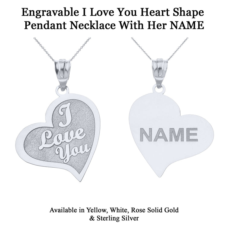Personalized Engravable Reversible I Love You Heart Shape With Her His NAME Pendant in Solid Yellow, White and Rose Gold