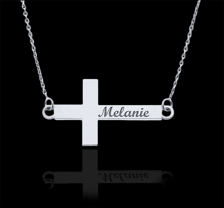 Engravable Personalized NAME Sideways Cross Pendant Necklace in Solid .925 Sterling Silver
