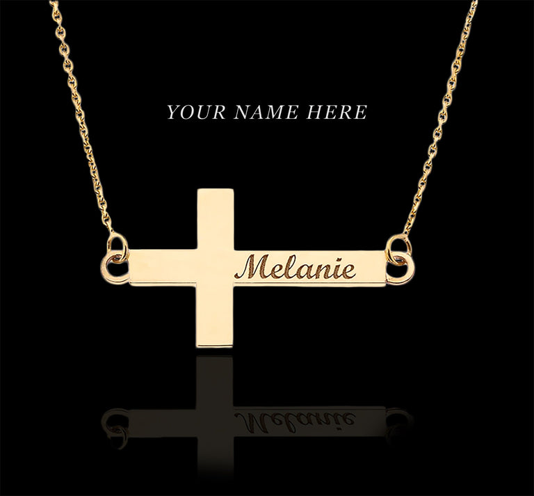 Engravable Personalized NAME Sideways Cross Pendant Necklace in Solid Yellow, White and Rose Gold