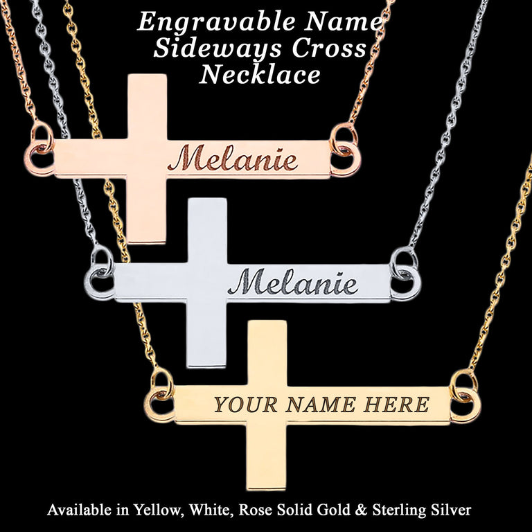 Engravable Personalized NAME Sideways Cross Pendant Necklace in Solid Yellow, White and Rose Gold