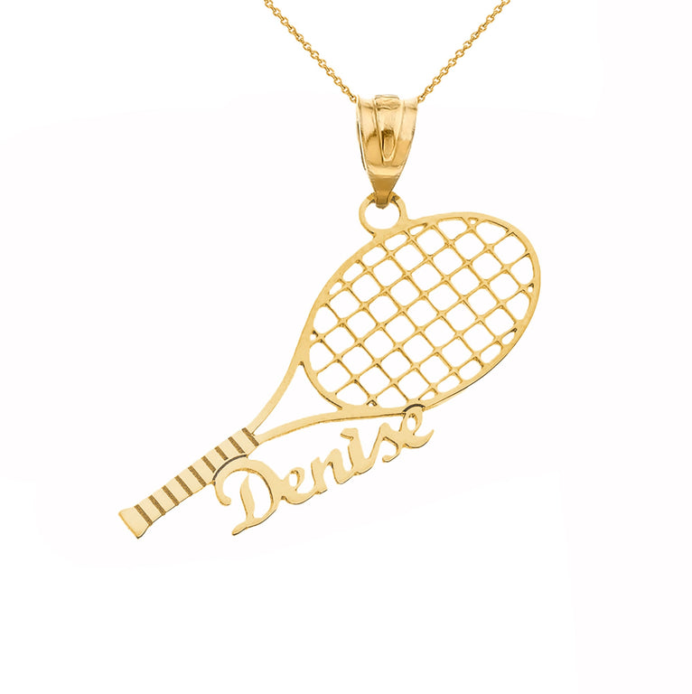 Personalize Sports Tennis Racket Pendant Necklace With Your NAME in Solid Yellow, White and Rose Gold