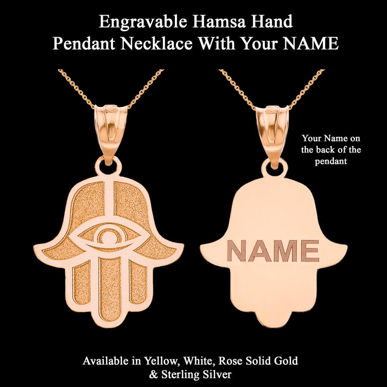 Personalized Engravable Middle Eastern Hamsa Hand Evil Eye With Your NAME in Solid Yellow, White and Rose Gold