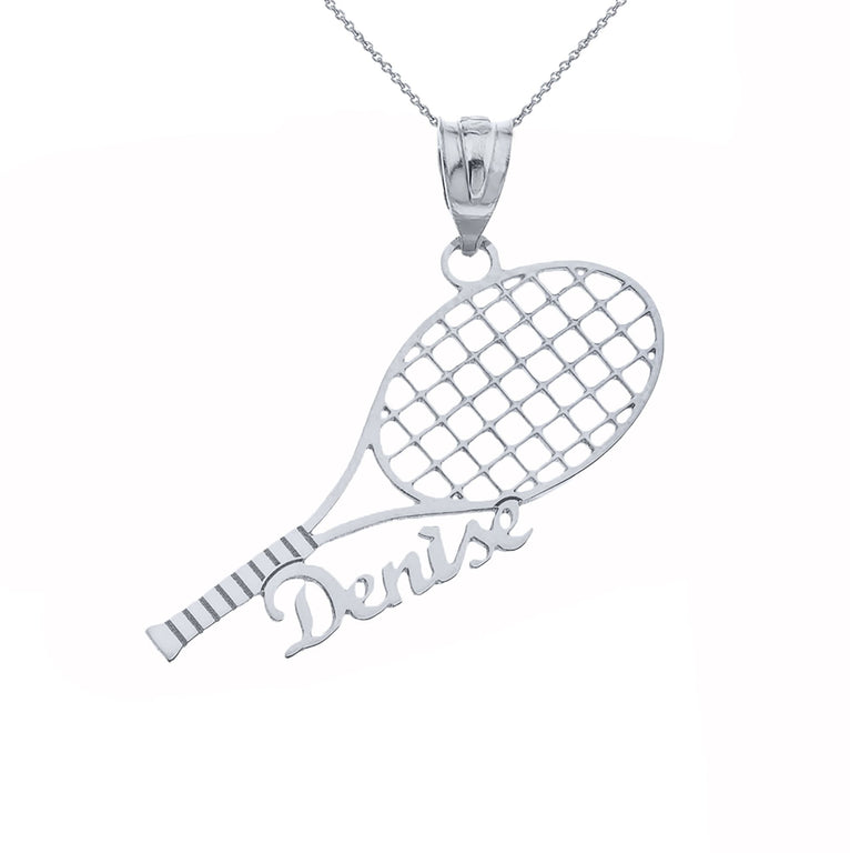 Personalize Sports Tennis Racket Pendant Necklace With Your NAME in Solid Yellow, White and Rose Gold