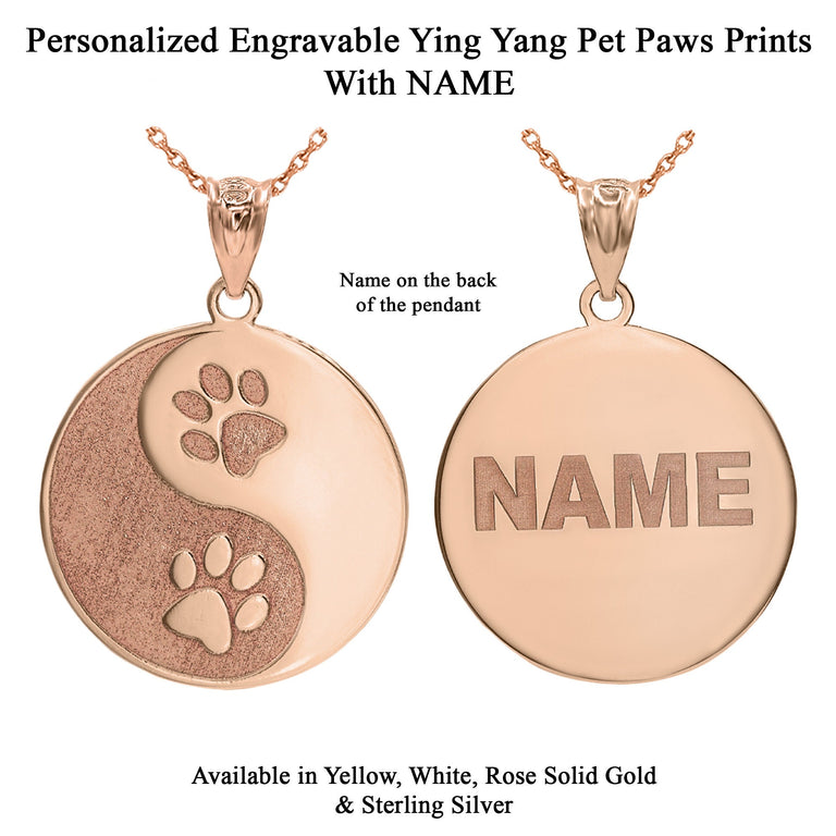 Personalized Engravable Ying Yang Pet Tag Paws Print Pendant Necklace with NAME in Solid Yellow, White and Rose Gold