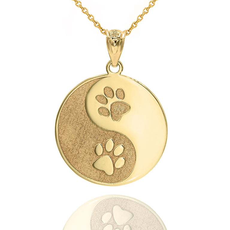 Personalized Engravable Ying Yang Pet Tag Paws Print Pendant Necklace with NAME in Solid Yellow, White and Rose Gold