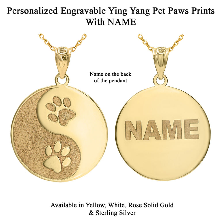 Personalized Engravable Ying Yang Pet Tag Paws Print Pendant Necklace with NAME in Solid Yellow, White and Rose Gold