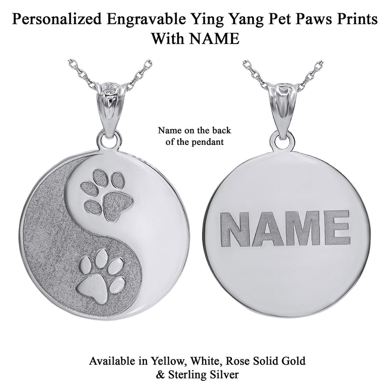 Personalized Engravable Ying Yang Pet Tag Paws Print Pendant Necklace with NAME in Solid Yellow, White and Rose Gold