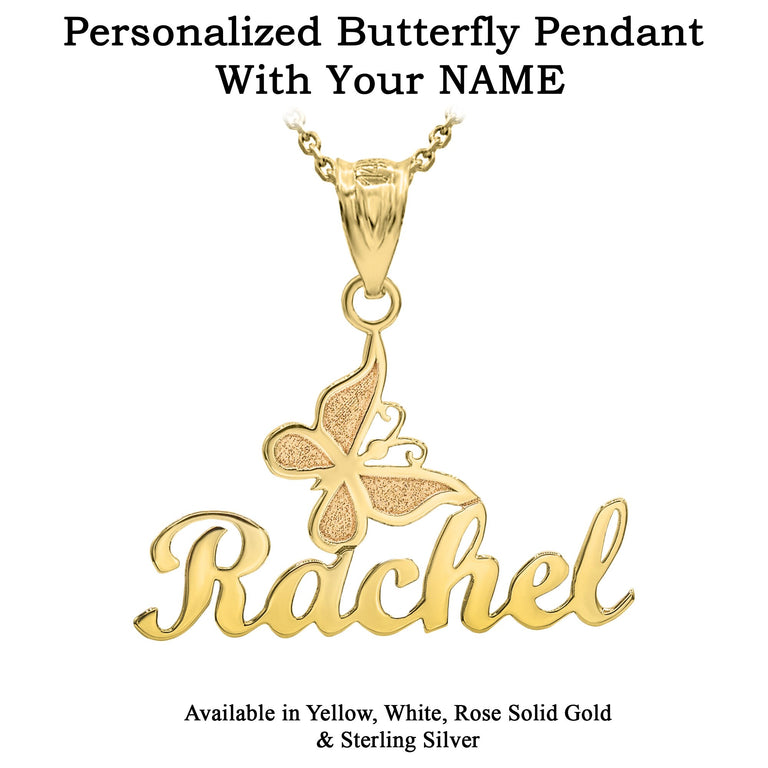 Personalize Butterfly Necklace NAME Pendant For Her, in Solid Yellow, White and Rose Gold