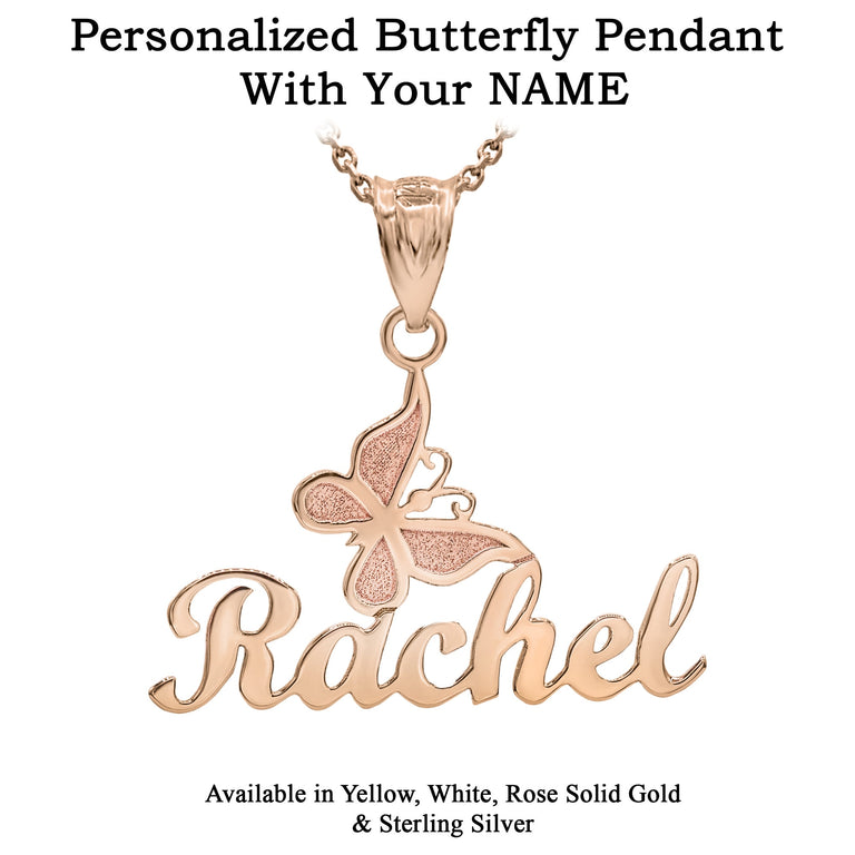 Personalize Butterfly Necklace NAME Pendant For Her, in Solid Yellow, White and Rose Gold