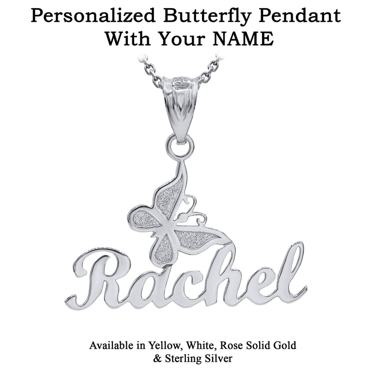 Personalize Butterfly Necklace NAME Pendant For Her, in Solid Yellow, White and Rose Gold