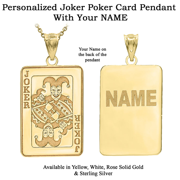 Personalized Engravable Joker Poker Card Lucky with Your Name in Solid Yellow, White and Rose Gold