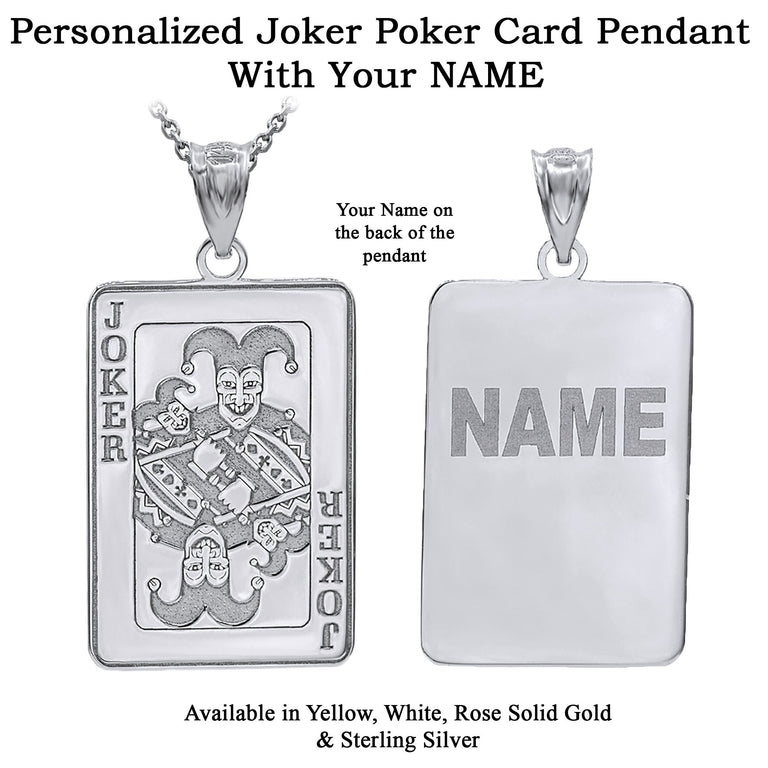 Personalized Engravable Joker Poker Card Lucky with Your Name in Solid Yellow, White and Rose Gold