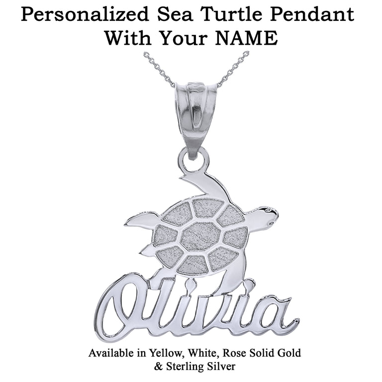 Personalized Sea Turtle NAME Pendant Necklace in Hand made in Solid Yellow, White, Rose Gold