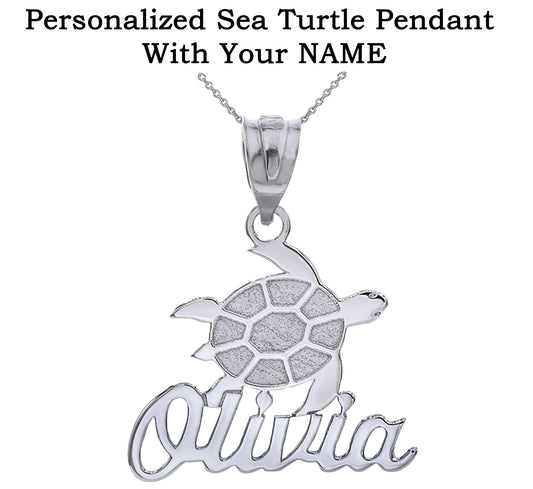 Personalized Sea Turtle NAME Pendant Necklace in Solid 925 Silver