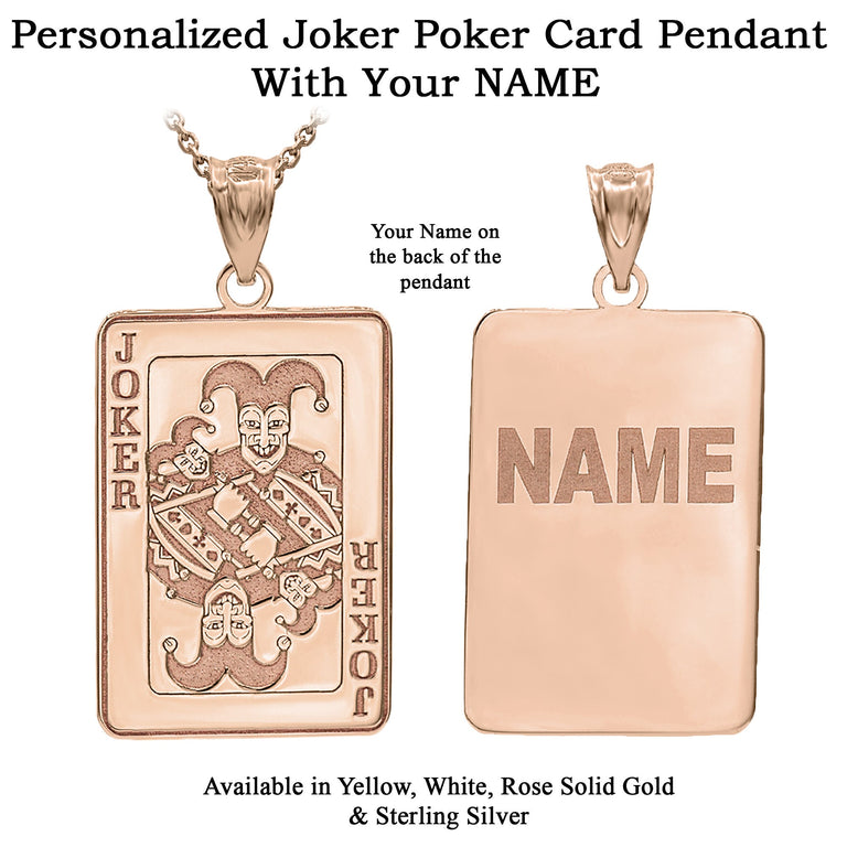 Personalized Engravable Joker Poker Card Lucky with Your Name in Solid Yellow, White and Rose Gold
