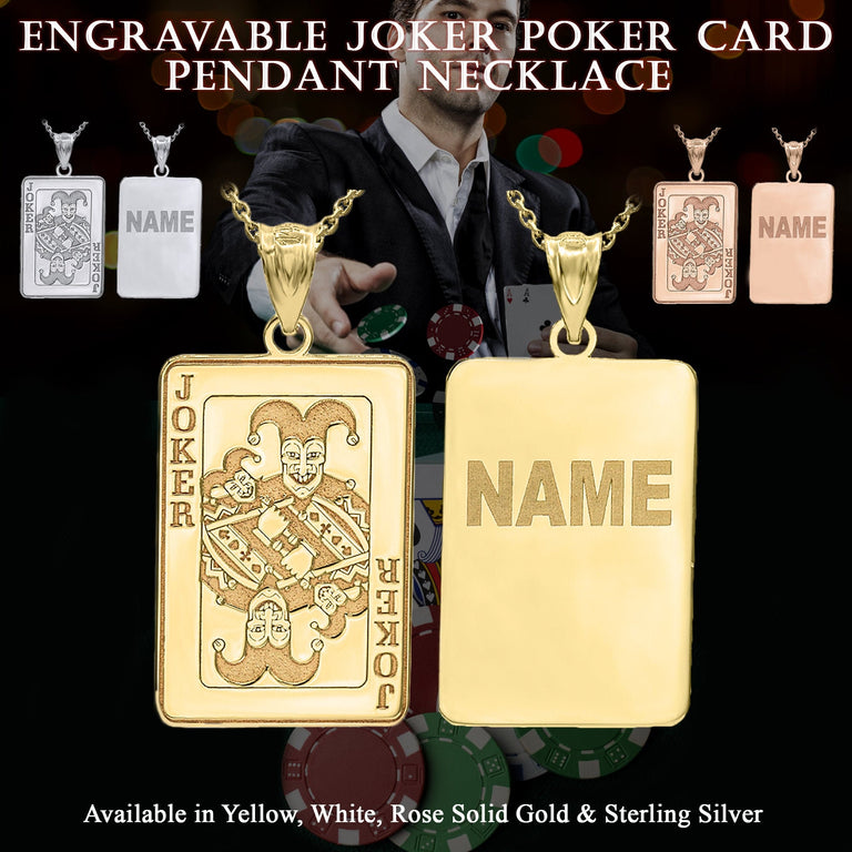 Personalized Engravable Joker Poker Card Lucky with Your Name in Solid Yellow, White and Rose Gold