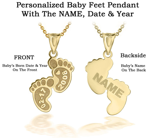 Personalized Engravable Baby Feet New Born With Name, Date & Year in Solid Yellow, White and Rose Gold