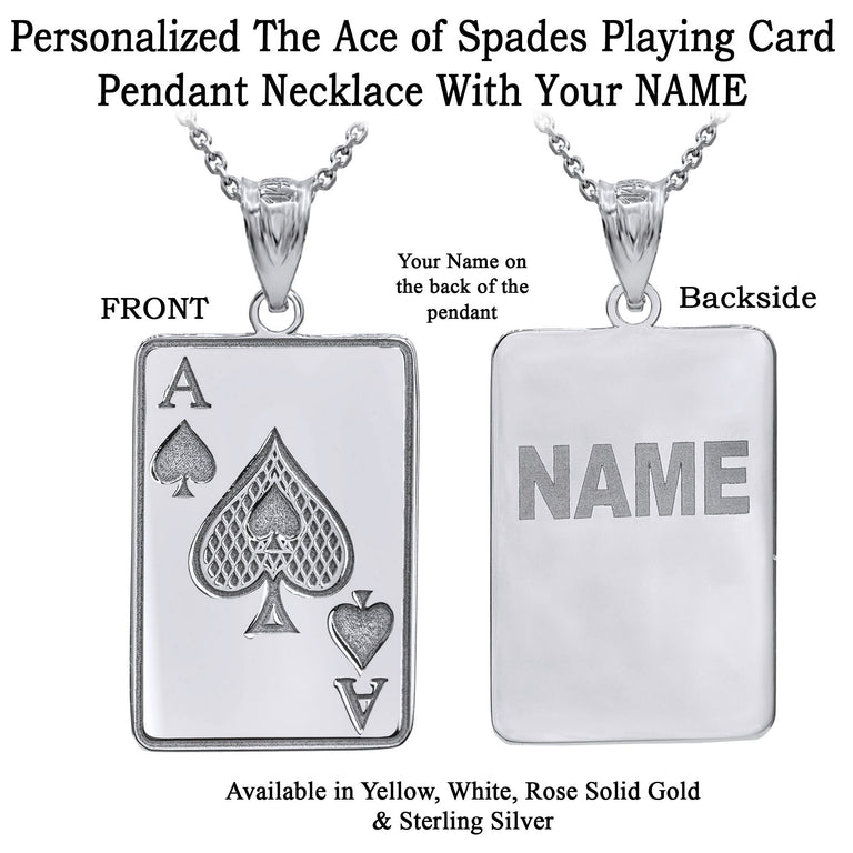 Personalized Engravable NAME Ace Of Spades Playing Card Lucky Charm With Your NAME in Solid Yellow, White and Rose Gold