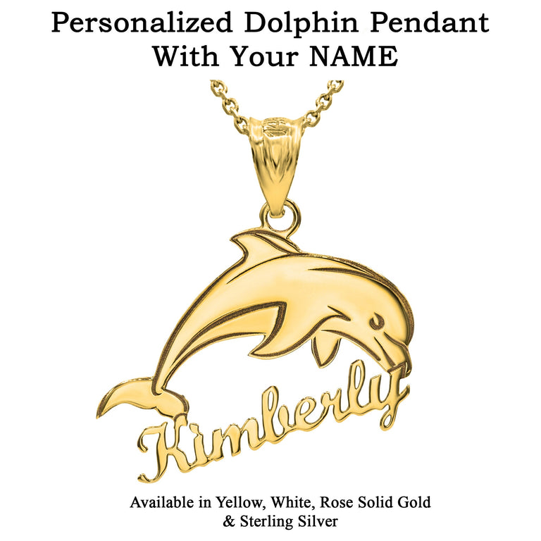 Personalize Jumping Dolphin With Your Name in Solid Yellow, White and Rose Gold