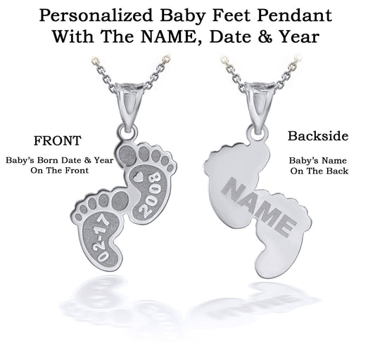 Personalized Engravable Baby Feet New Born With Name, Date & Year in Solid .925 Sterling Silver